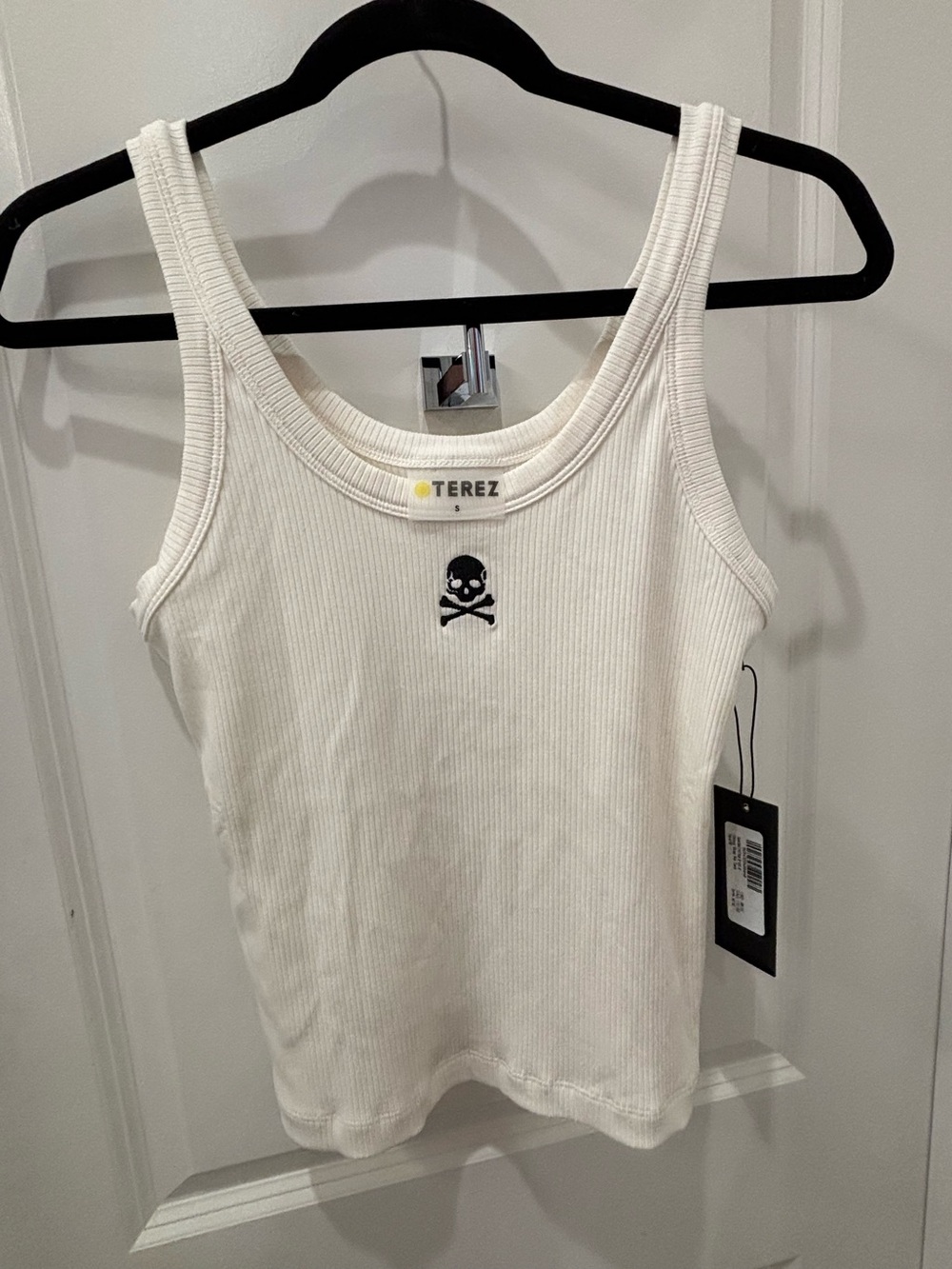 NWT Terez White Ribbed Tank with Skull Logo- S